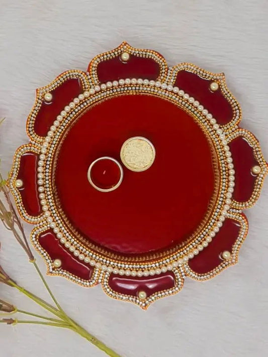10" inch Maroon Color Decorative Wooden Pooja Thali - Saubhagyavati.in
