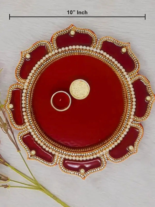 10" inch Maroon Color Decorative Wooden Pooja Thali - Saubhagyavati.in