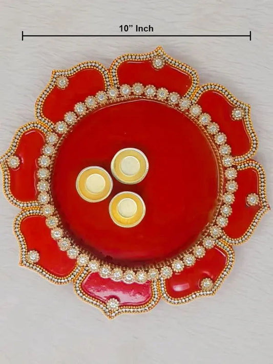 10" inch Red Decorative Wooden Pooja Thali - Saubhagyavati.in