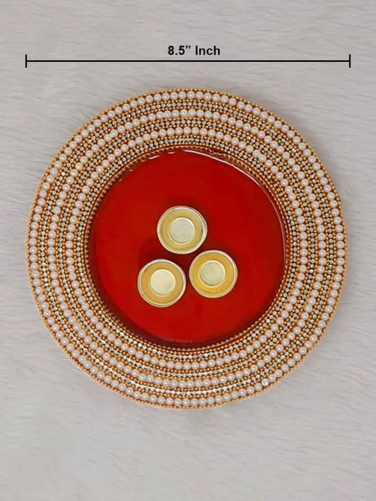10" inch Round Pearl Decorative Wooden Pooja Thali - Saubhagyavati.in
