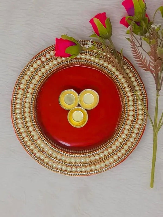 10" inch Round Red Decorative Wooden Pooja Thali - Saubhagyavati.in