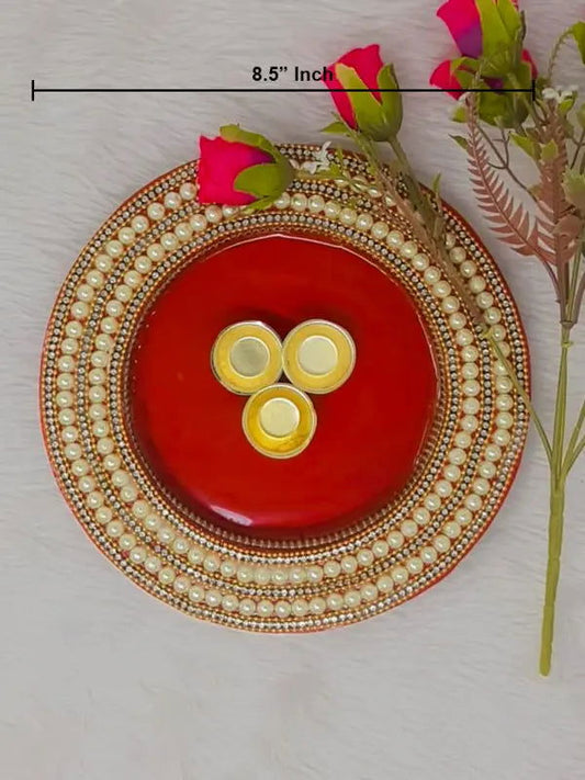 10" inch Round Red Decorative Wooden Pooja Thali - Saubhagyavati.in