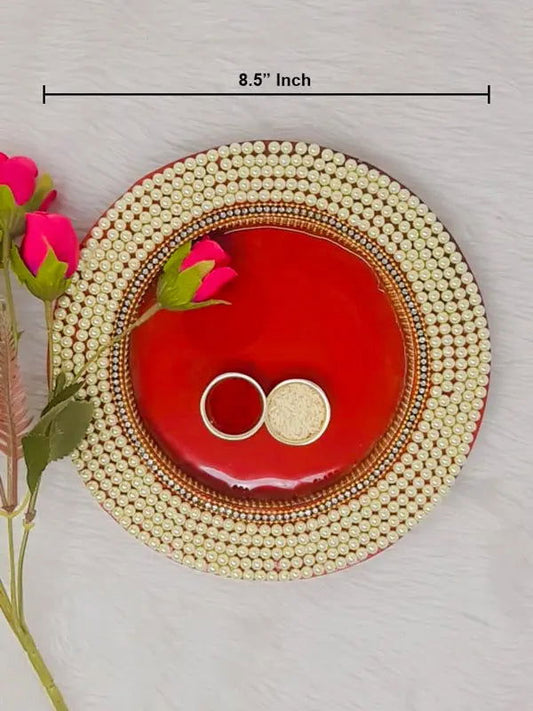 10" inch Round Wooden Pooja Thali with Pearl Work - Saubhagyavati.in