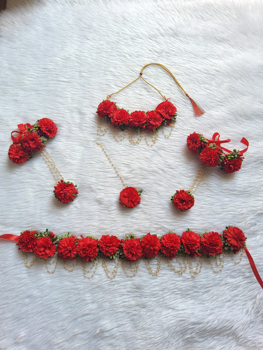 Red Genda Phool Jewellery Set – for Haldi, Mehendi & Festive Look