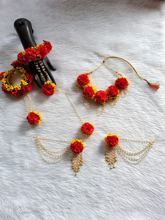 Red & Yellow Artificial Genda (Marigold) Floral Jewelry Set – Necklace, Earrings, Maang Tikka & Hathphool