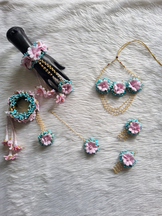 Pink & Sky Blue Floral Jewelry Set – Necklace, Earrings, Maang Tikka & kaleera
