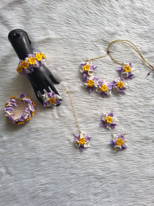 Purple & Yellow Artificial Floral Jewelry Set