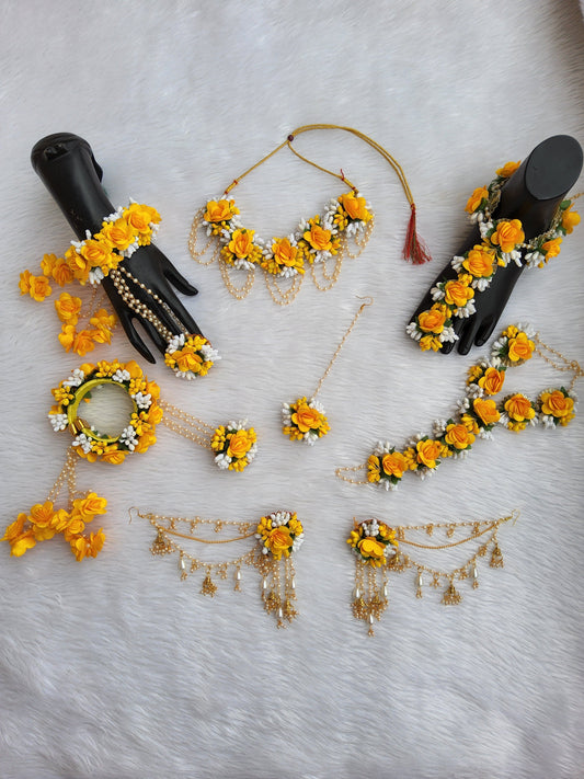 Yellow Stunning Artificial Floral Jewelry Set With Bahubali Earrings