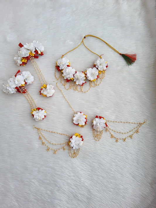White Floral Haldi Jewellery Set with Red & Yellow Accents