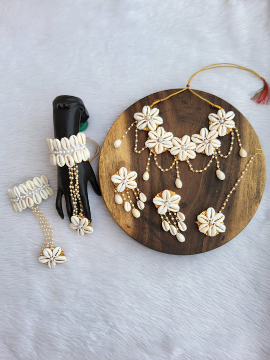 Elegant White Shell Floral Jewellery | Haldi & Mehendi Look