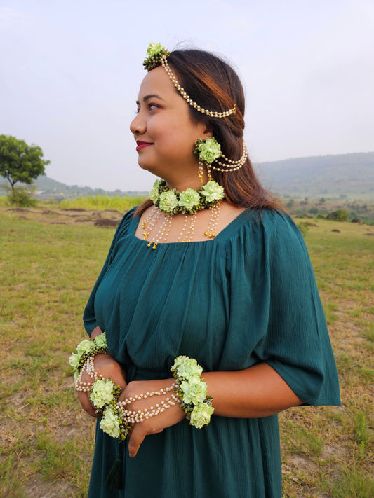Pista Green Floral Haldi Jewellery Set with Necklace, Choker, Earrings & Hathphool