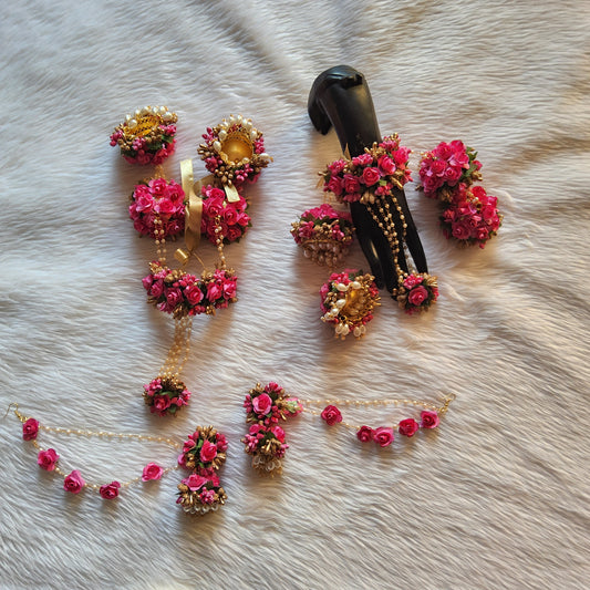 Vibrant Pink Floral Haldi & Mehendi Jewelry Set