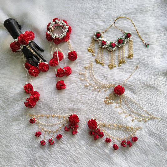 Bold Red Floral and Pearl Bridal Jewelry Set