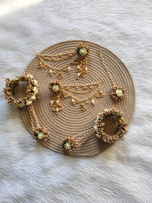Golden & Ivory Haldi Mehndi Flower Jewellery Set with Bahubali Earrings