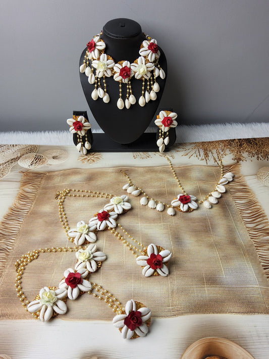 Handmade Cowrie Shell Bridal Jewelry Set – Red & White Floral Design