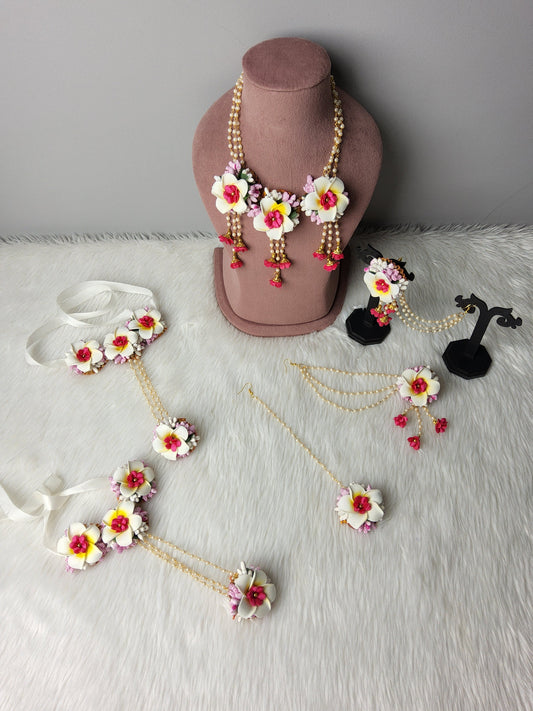 Pink & White Champa Flower Bridal Jewellery Set for Haldi and Mehandi