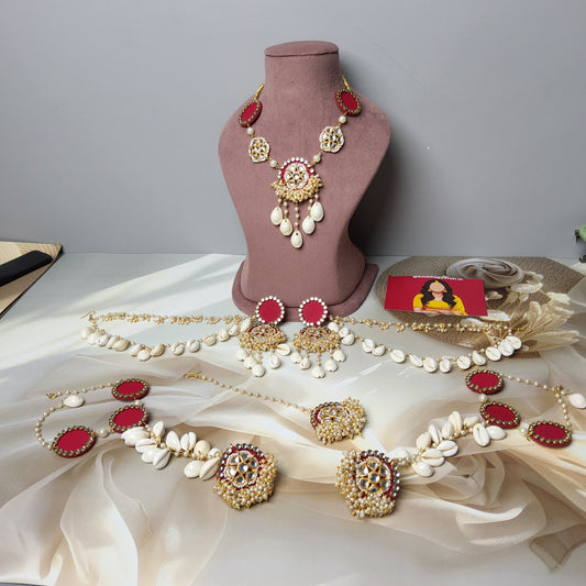 Gorgeous Pink Fabric Jewellery Set For Haldi and Mehendi with Necklace, Earrings, Hathphool, Maang Tikka & Shell Accents