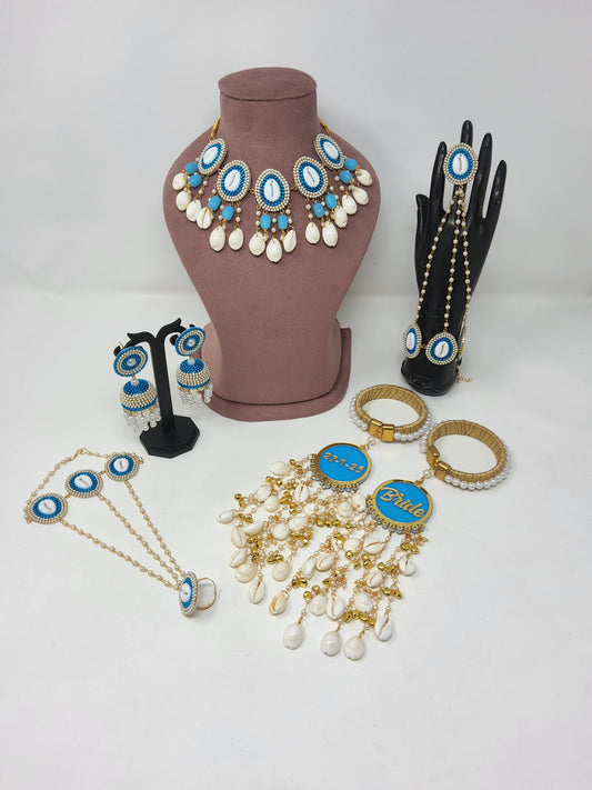 Royal Blue & White Beaded Bridal Jewelry Set with Shell Kalire – Full Customized Wedding Accessory Combo