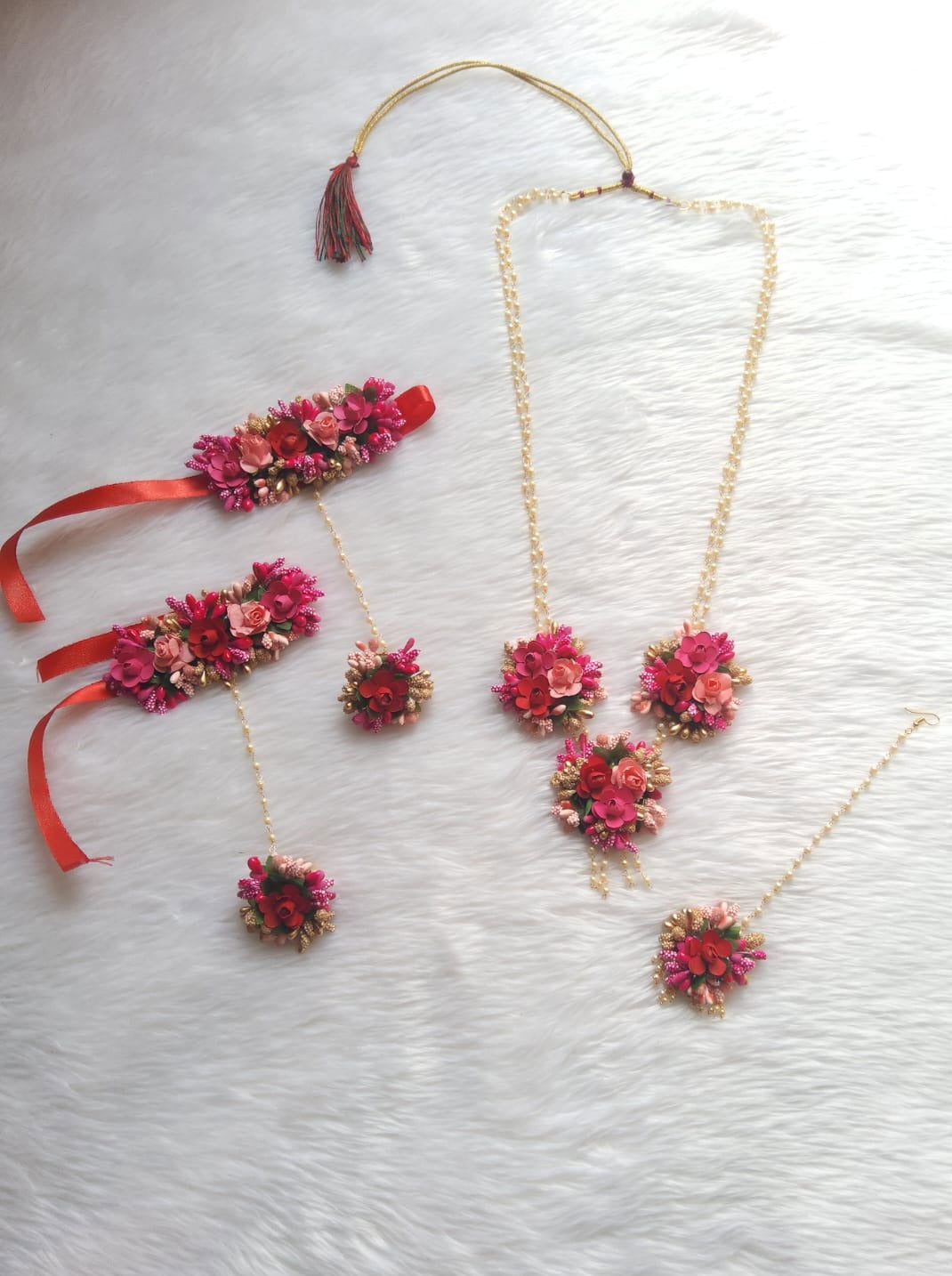 Artificial Flower Jewellery for Haldi in pink touch - Saubhagyavati.in