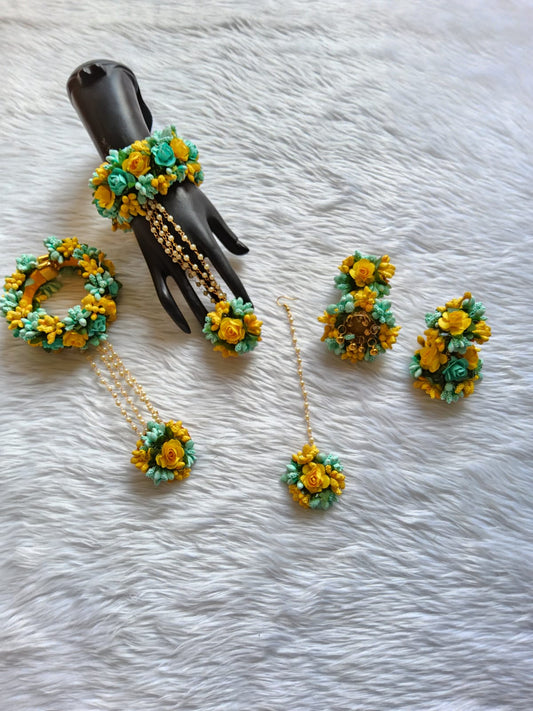 Artificial Fusion Flower Jewellery for Haldi | Yellow and Cardamom Green Color - Saubhagyavati.in