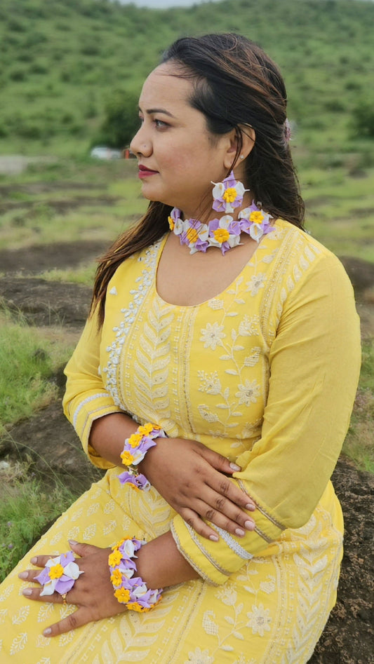 Artificial Yellow, White, Purple Flower Jewellery for Haldi, Wedding - Saubhagyavati.in