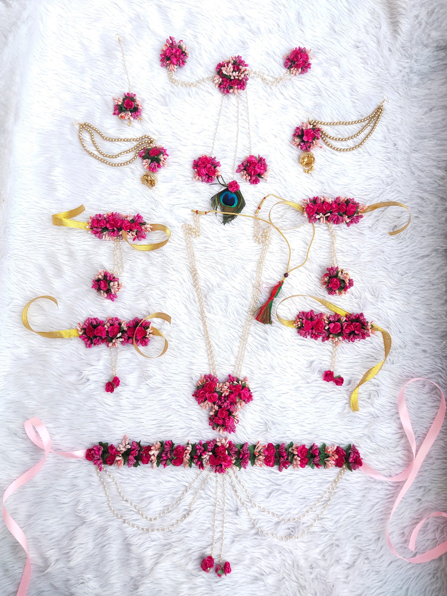 Baby shower and godh bharai artificial flower jewellery set in pink and peach - Saubhagyavati.in