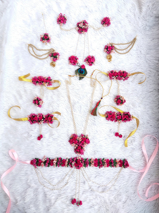 Baby shower and godh bharai artificial flower jewellery set in pink and peach - Saubhagyavati.in