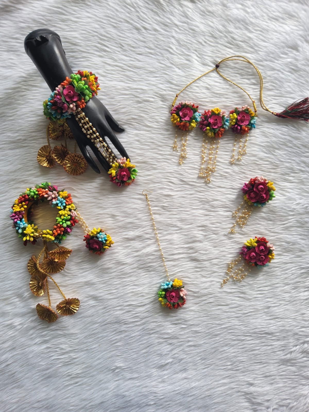 Beautiful multicoloured flowers jewellery set for mehandi or haldi - Saubhagyavati.in