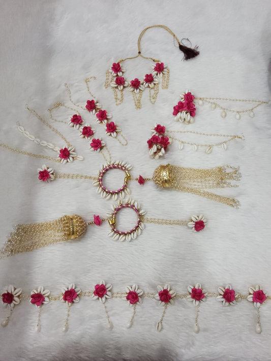 Best Shell Flower Jewellery for Haldi and Baby Shower in raani pink - Saubhagyavati.in