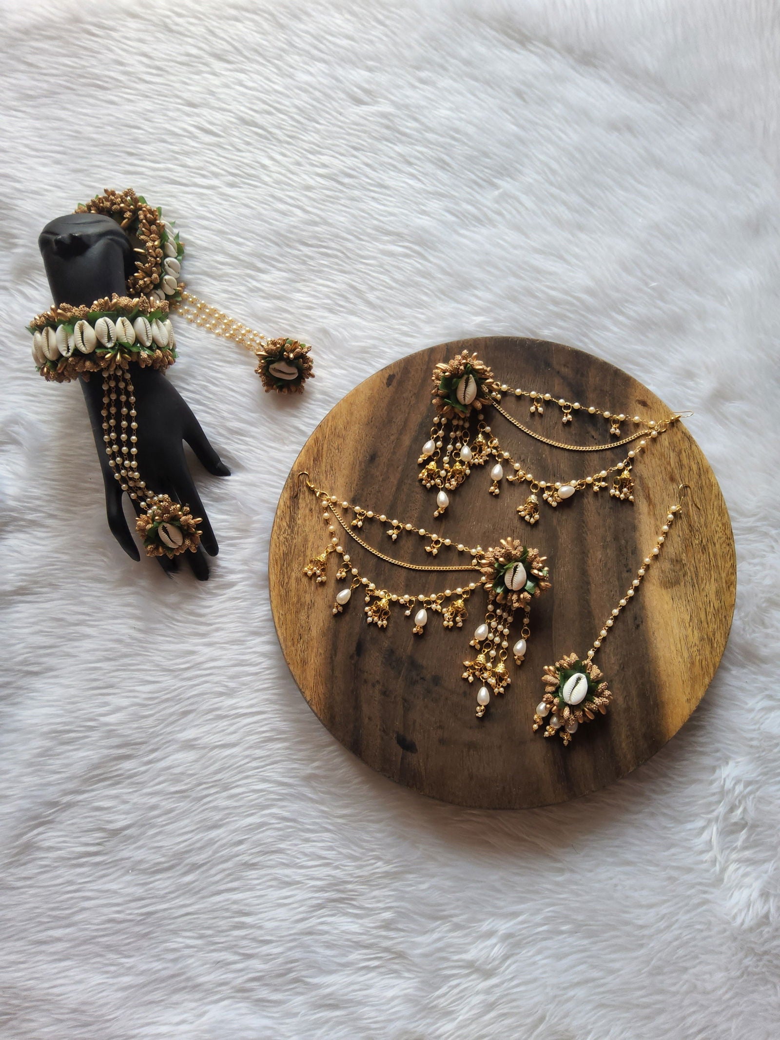 Buy Shell Jewellery with Bahubali Earrings and Bracelet for Haldi, mehndi - Saubhagyavati.in