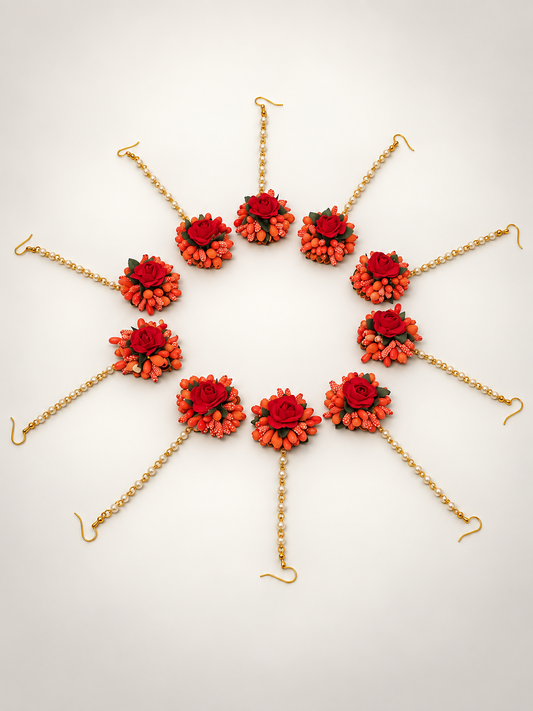 Red Floral Maang Tikka Set of 10