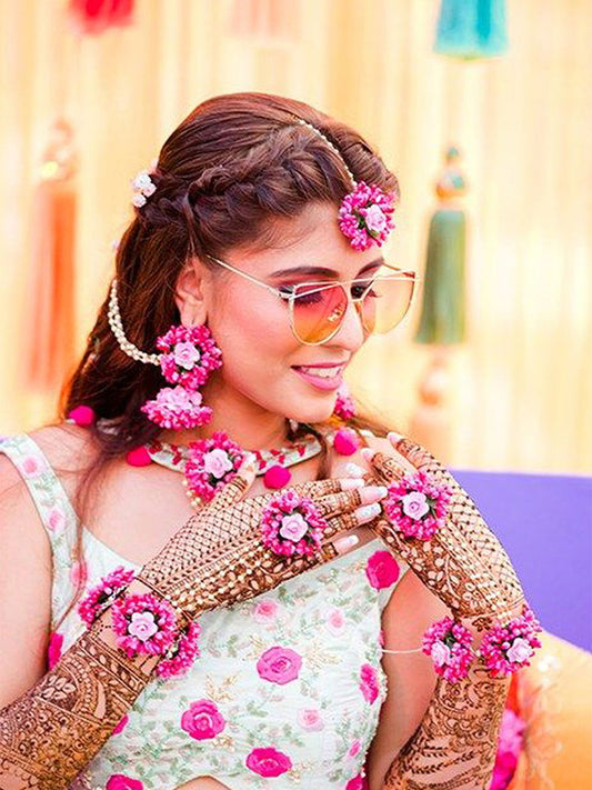 Dark Rani Pink Flower jewellery for Haldi and Mehndi - Saubhagyavati.in
