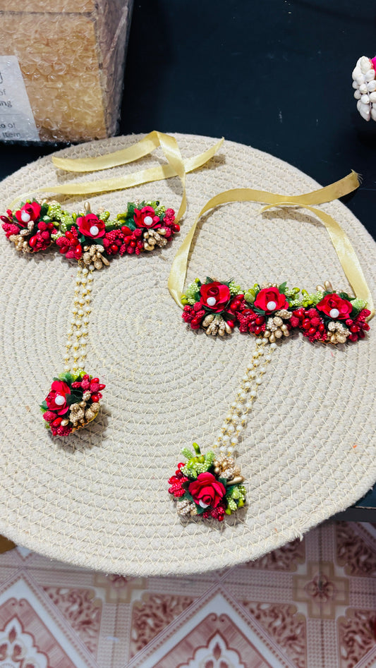 Red and Green Hathphool flower jewellery - For Haldi, Mehndi