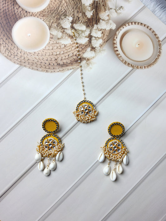 Pretty Fabric Maang Tikka & Earring Set – Made for Haldi & Bridesmaids