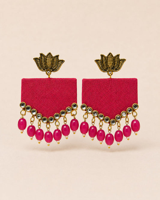 Pink Lotus Motif Earrings with Mirror Work – Traditional Jewellery