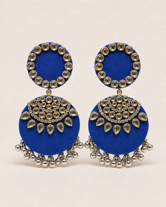 Royal Blue Kundan Chandbali Earrings with Silver Tassels