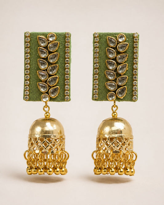 Sage Green Kundan Leaf Motif Jhumka Earrings