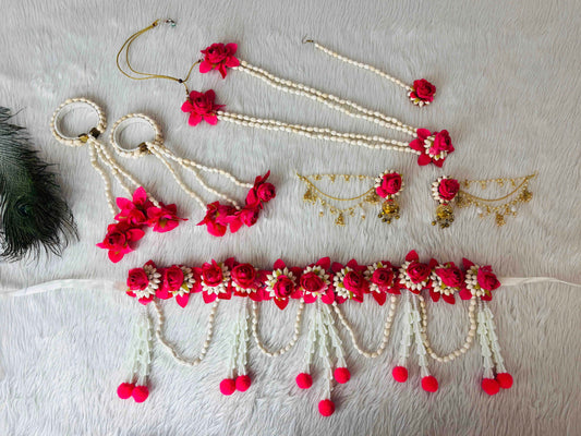 Red Rose & White Beads Floral Jewellery Set – Handmade Haldi, Mehendi & Baby Shower Accessories