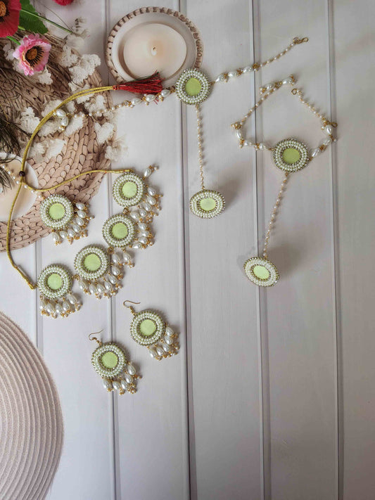 Pastel Green Pearl Floral Jewellery Set for Haldi, Mehendi & Baby Shower