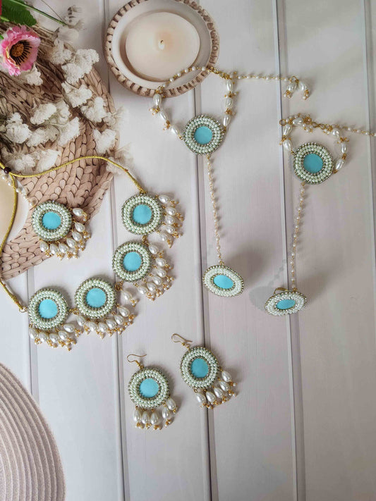 Aqua Blue Pearl Floral Jewellery Set for Haldi, Mehendi & Baby Shower