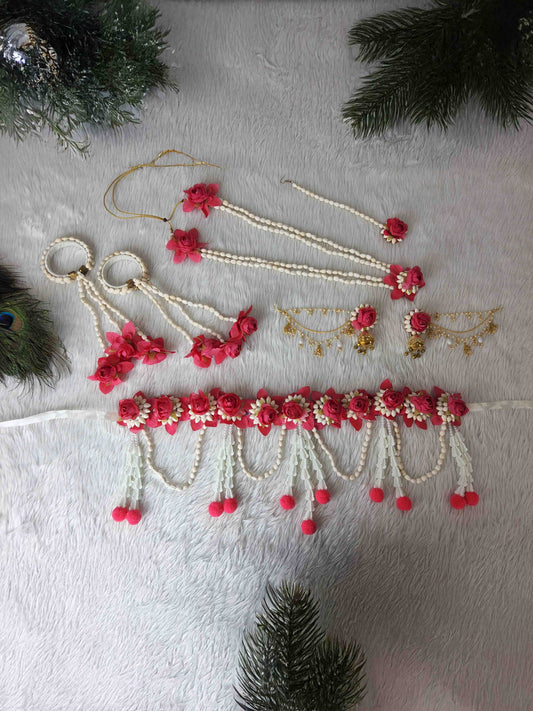 Red Rose & White Bead Floral Jewellery Set for Haldi, Mehendi & Baby Shower