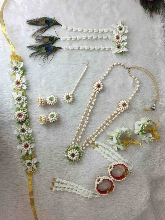White Floral & Shell Jewellery Set with Peacock Feather Accents for Haldi, Mehendi & Baby Shower