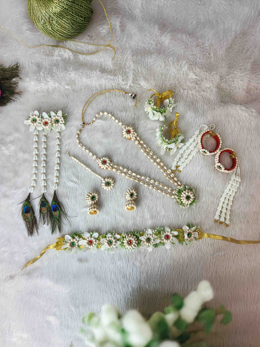 White Floral & Shell Jewellery Set with Peacock Feather Accents for Haldi, Mehendi & Baby Shower