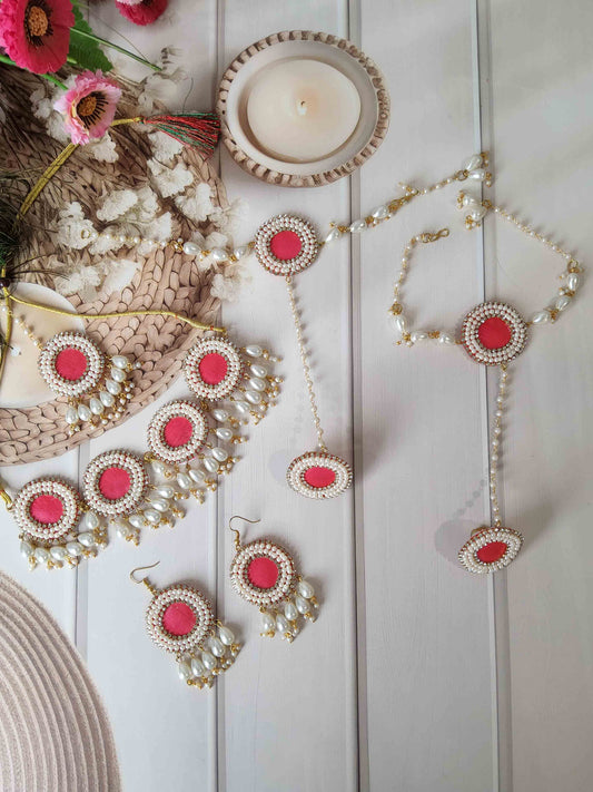 Coral Pink Pearl Floral Jewellery Set for Haldi, Mehendi & Baby Shower
