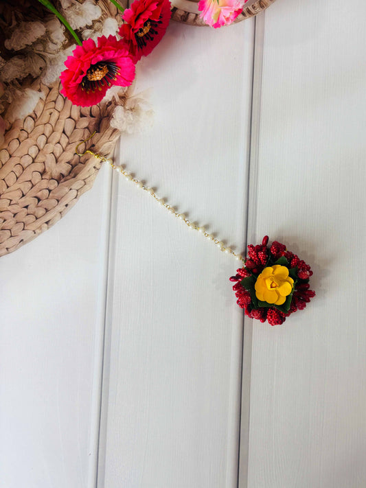 Yellow Rose with Red Beads Floral Maang Tikka