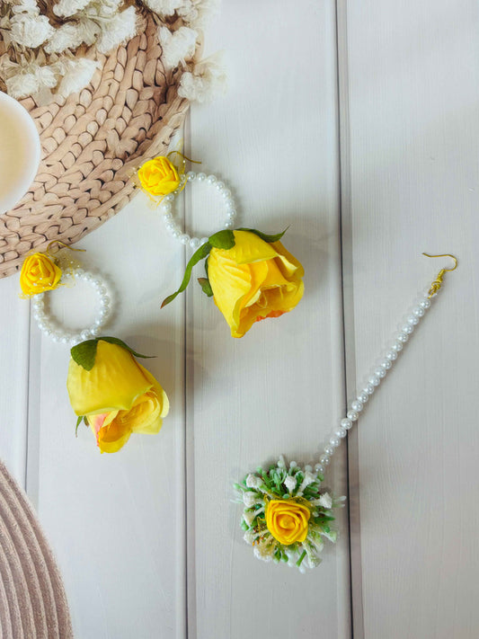 Yellow Rose Floral Jewellery Set (Earrings & Maang Tikka) – Handmade Haldi & Mehendi Accessories