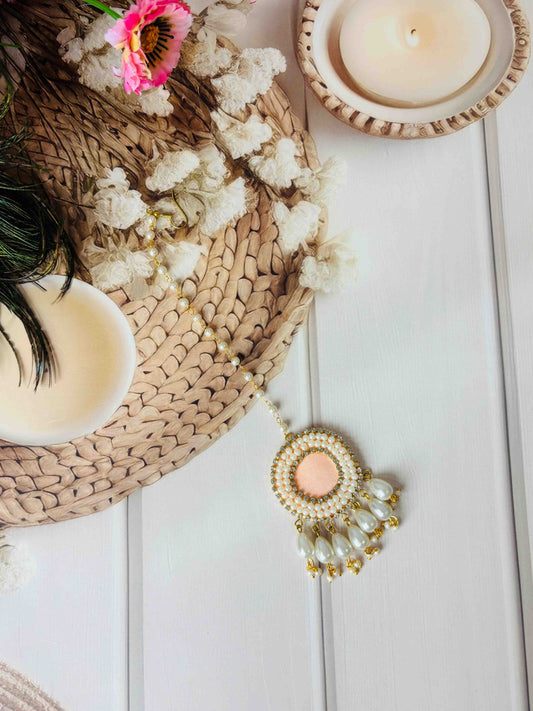 Peach Pearl Maang Tikka – Bridal & Festive Hair Accessory