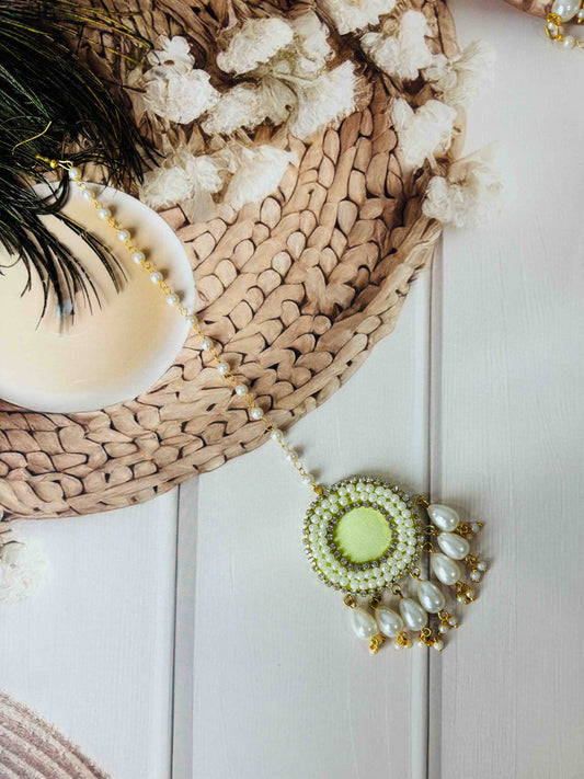Light Green Pearl Maang Tikka – Bridal & Festive Hair Accessory