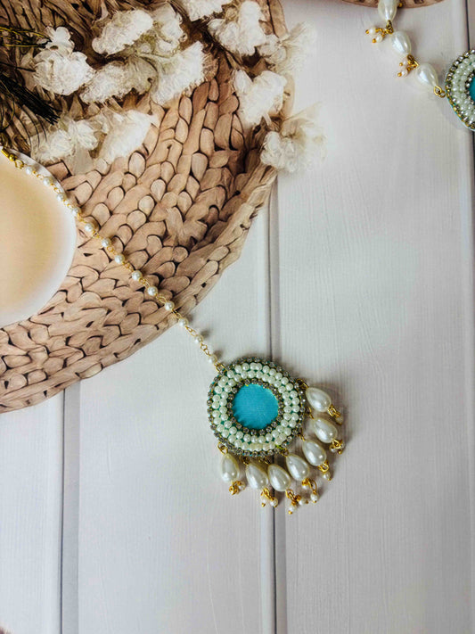 Blue Pearl Beaded Maang Tikka β Handmade Haldi Mehendi Bridal Hair Accessory