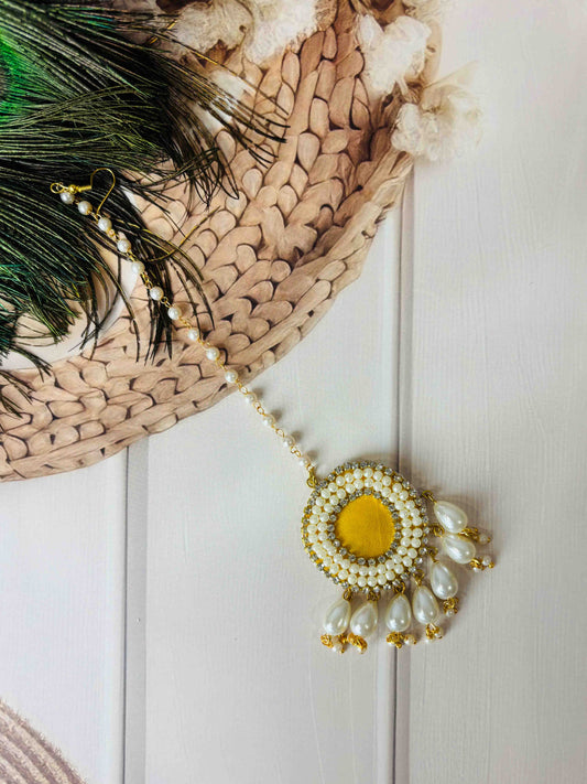 Yellow Pearl Beaded Maang Tikka β Handmade Haldi Mehendi Bridal Hair Accessory